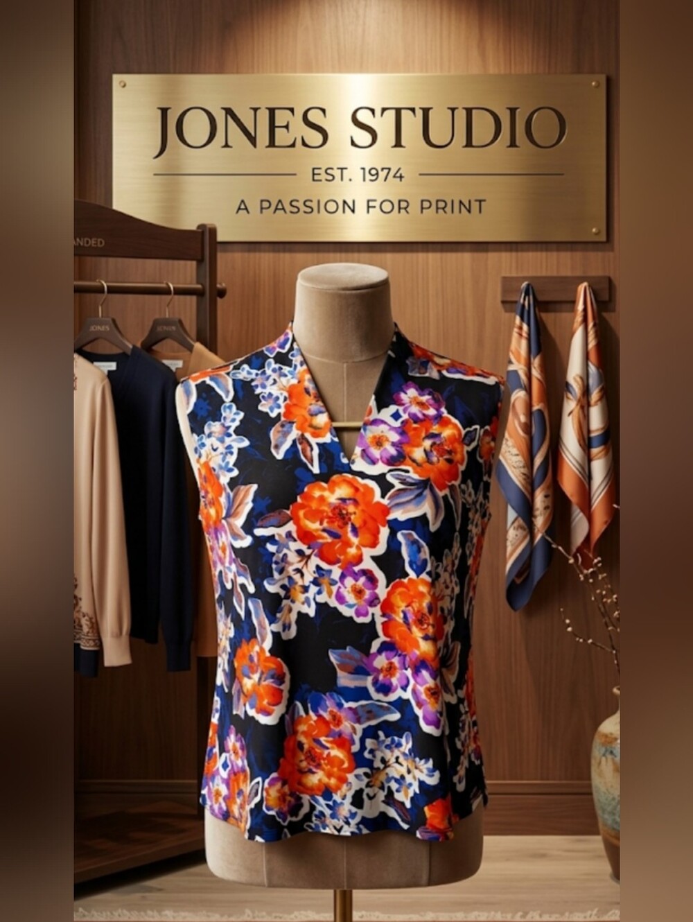 Sleeveless Floral V-Neck Women’s Top - Black & Orange